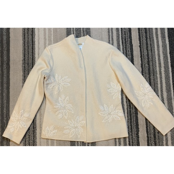 Talbots Jackets & Blazers - Vintage Talbots 100% Boiled Wool Jacket Sz S Ivory Floral Embroidered Beaded‎